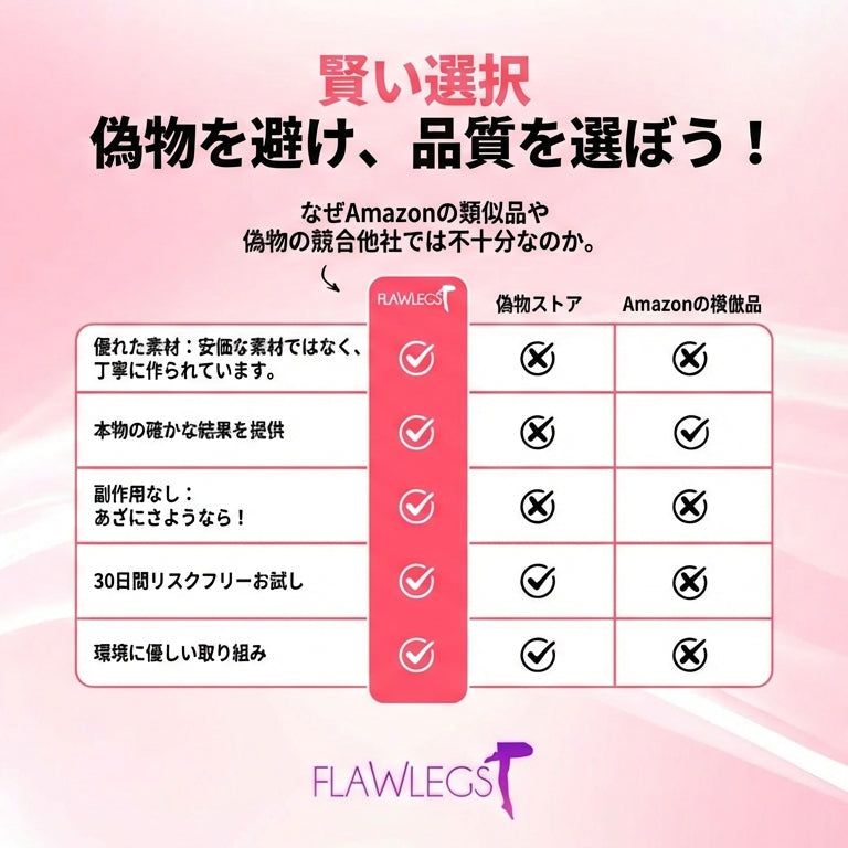 フローレッグスは、今話題のセルライトケア着圧ストッキングです。セルライトを目立たなくし、静脈腫瘍、妊娠線・肉割れ、気青あざもしっかりカバー。美脚効果で、よりセクシーで魅力的なスタイルを実現します。これで、いつでも自信を持ってスカートやワンピースをやりましょう！さらに今だけの特別キャンペーン実施中：1つご購入で、もう2つプレゼント！ 